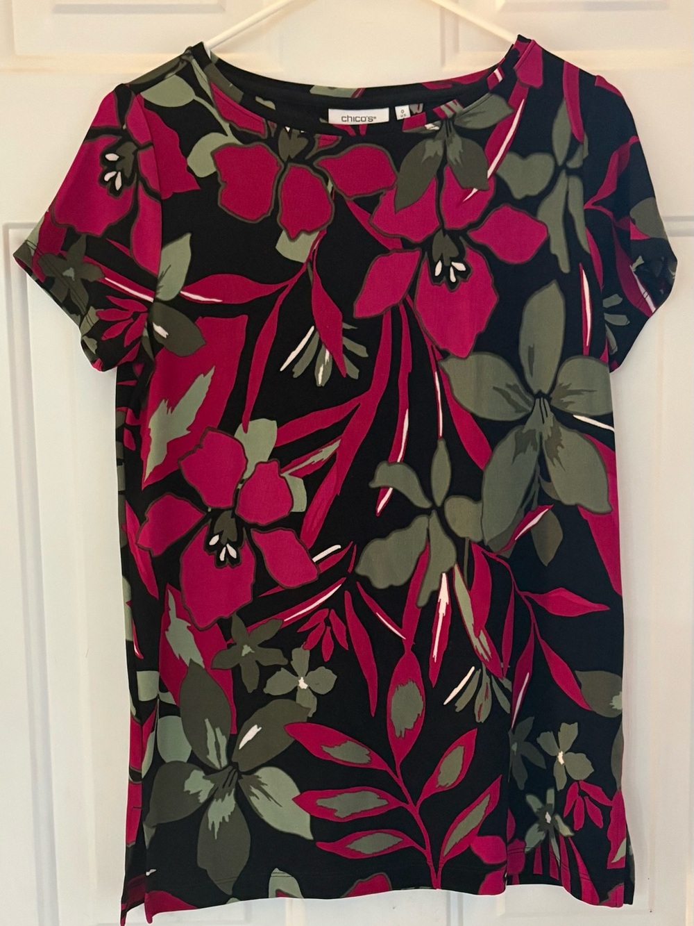 Chico's Black Tee with Fuchsia Floral & Olive Leaves